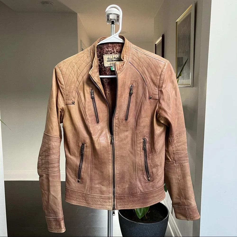 Vera Pelle Light Brown Natural Leather Jacket Women’s Size 44 - Picture 1 of 8